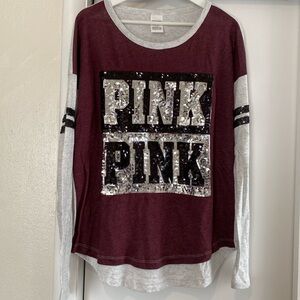 Victoria's Secret PINK Sequin Logo Color Block long sleeve t-shirt L NWOT!!!
